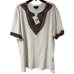 MWT D'Iyanu Mens African Print Dashiki T-Shirt White Cotton V-Neck Size XL